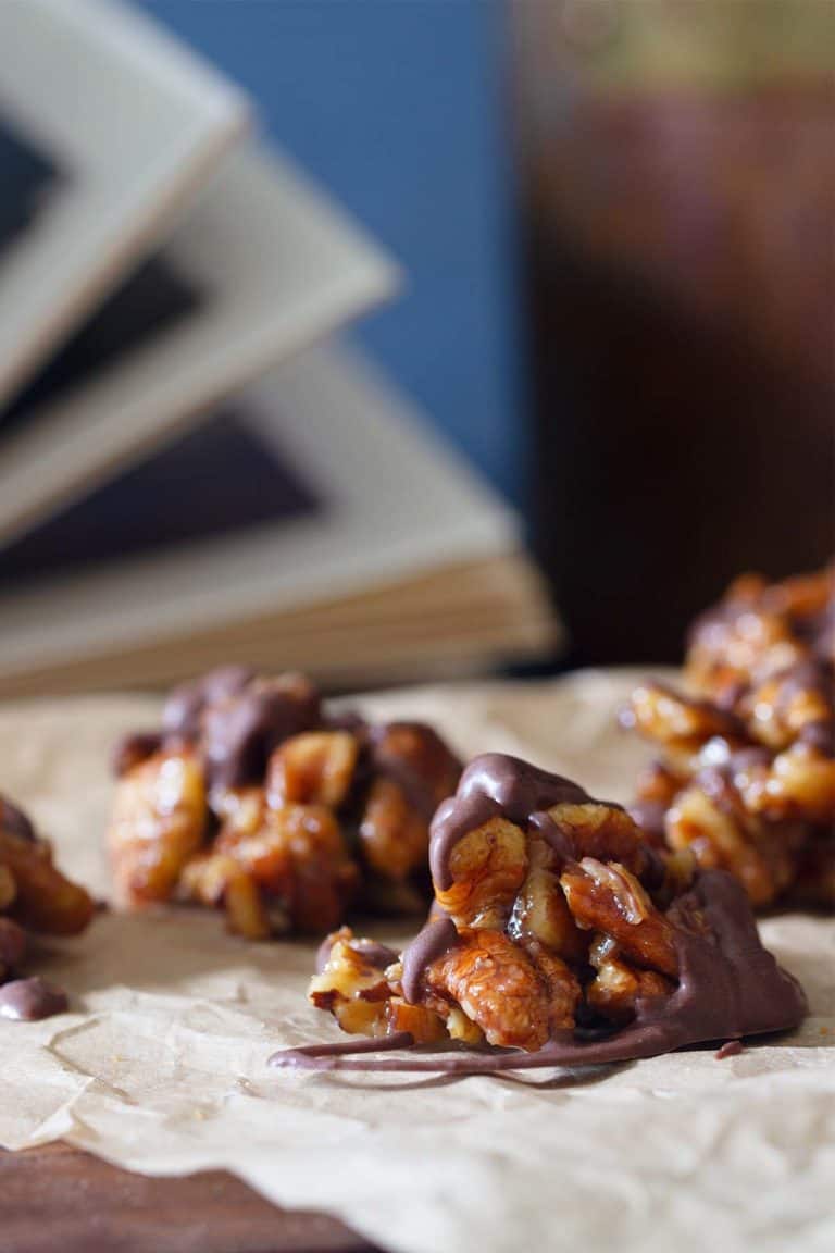A tray of chocolate covered pecans