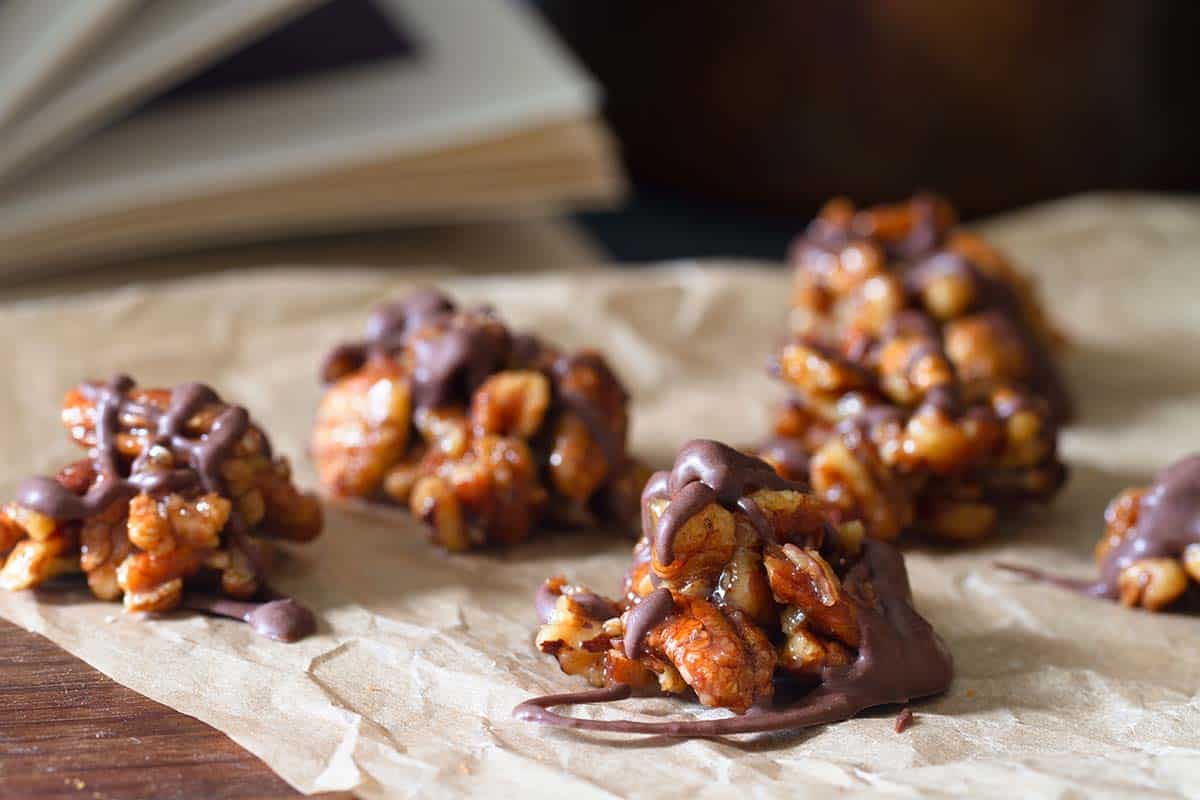 A tray of chocolate covered pecans
