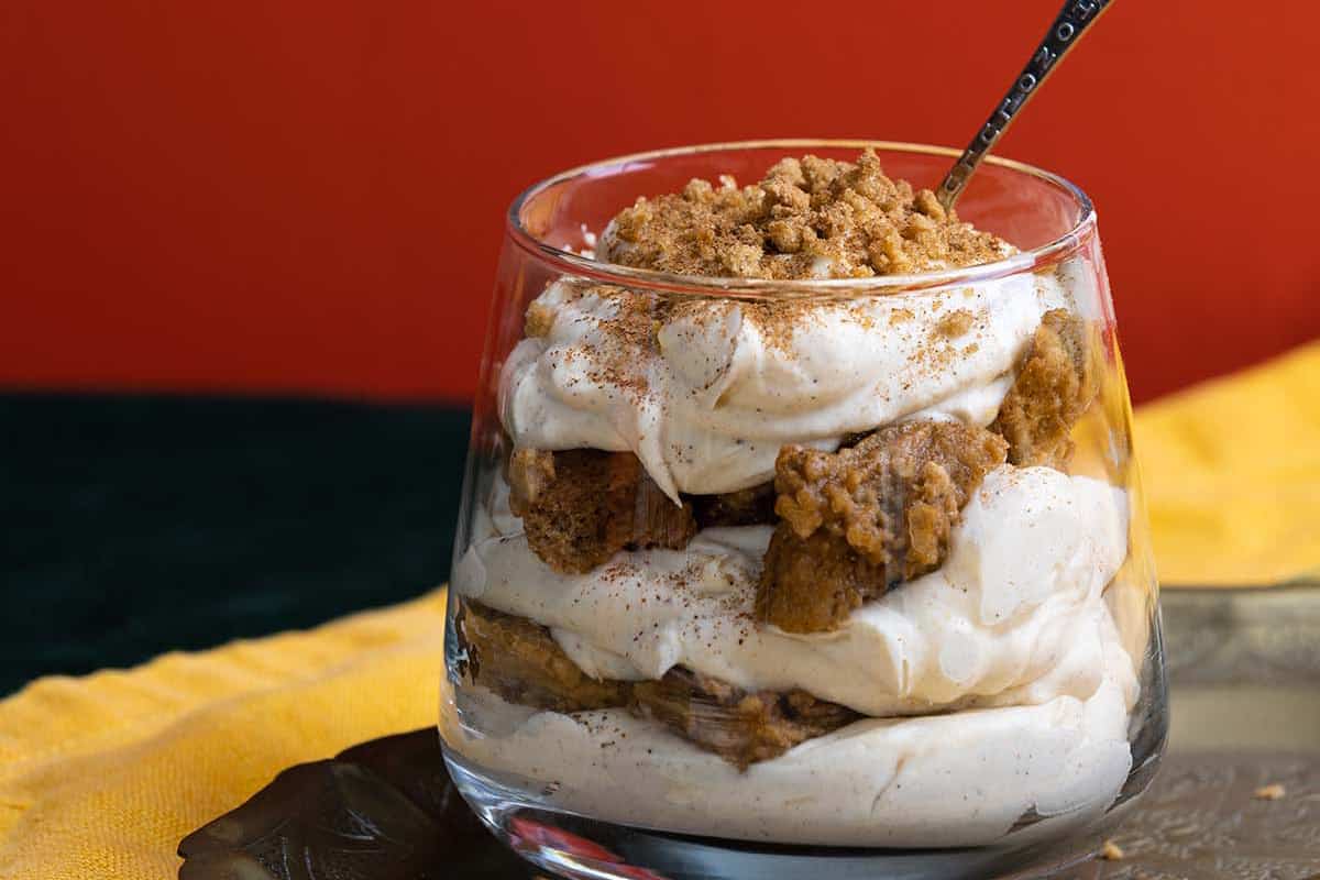 Close-up of a chai tiramisu cup.