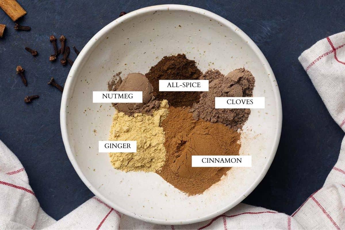 Ingredients in a bowl to make Christmas spice mix.