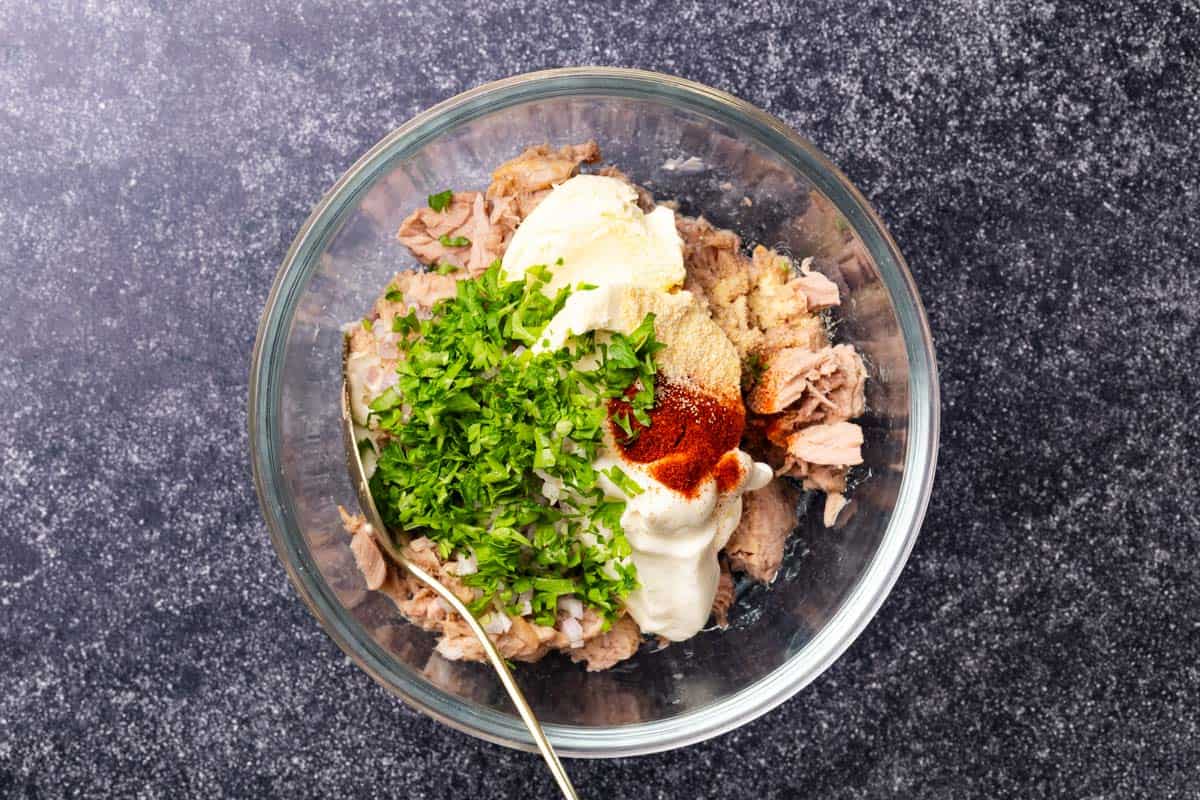 Ingredients in a bowl for smoked tuna tip.