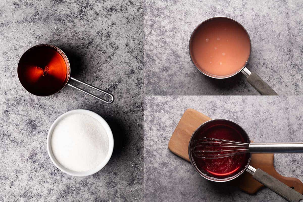 Ingredients and methods of homemade Rosé simple syrup. Flatlay.
