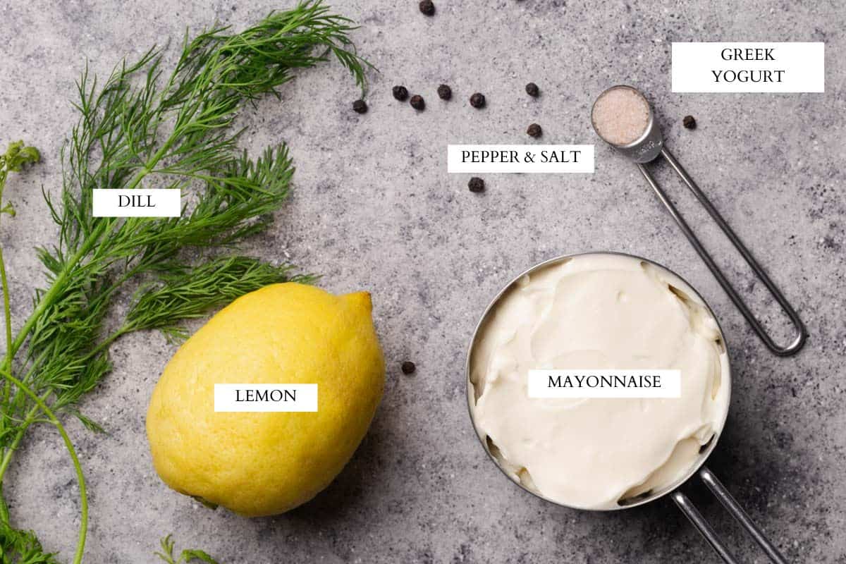 Ingredients laid out to make this lemon dill sauce.