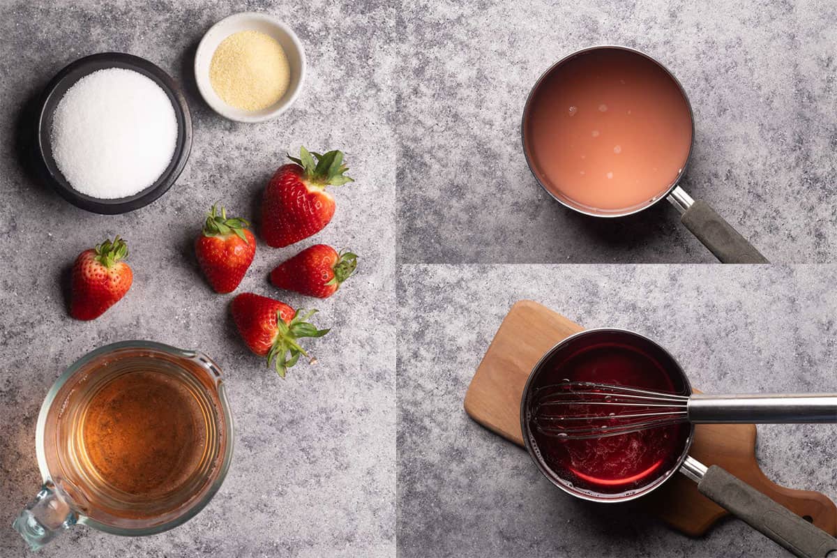Ingredients and steps for making the strawberry rosé jelly layer.
