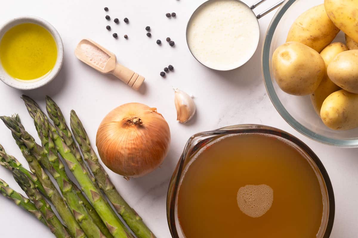 Ingredients for an asparagus potato soup.