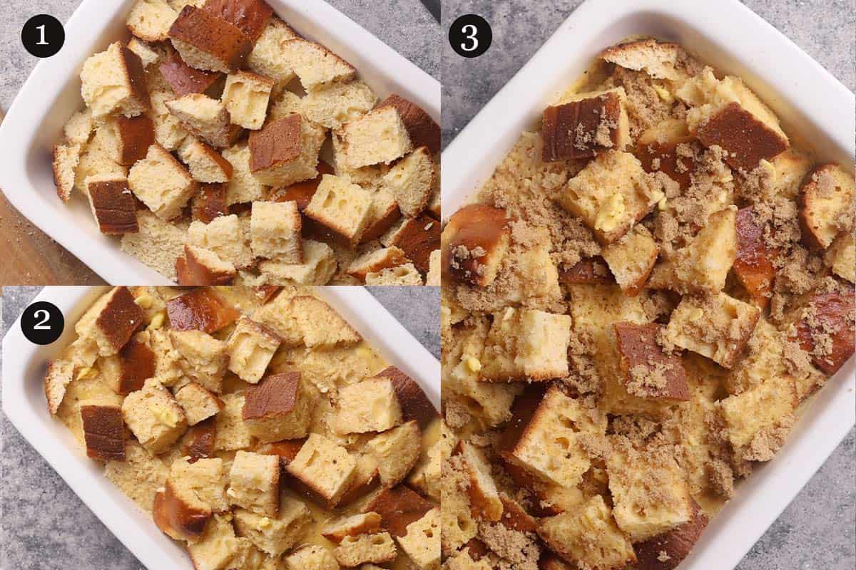 Collage of steps 5-8 on how to make a French toast casserole.