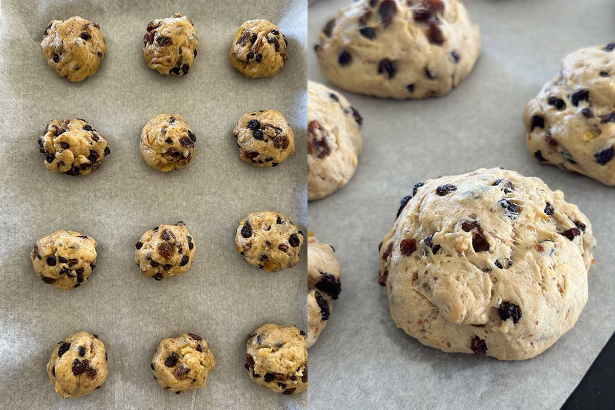 German Christmas stollen cookies on a baking sheet.