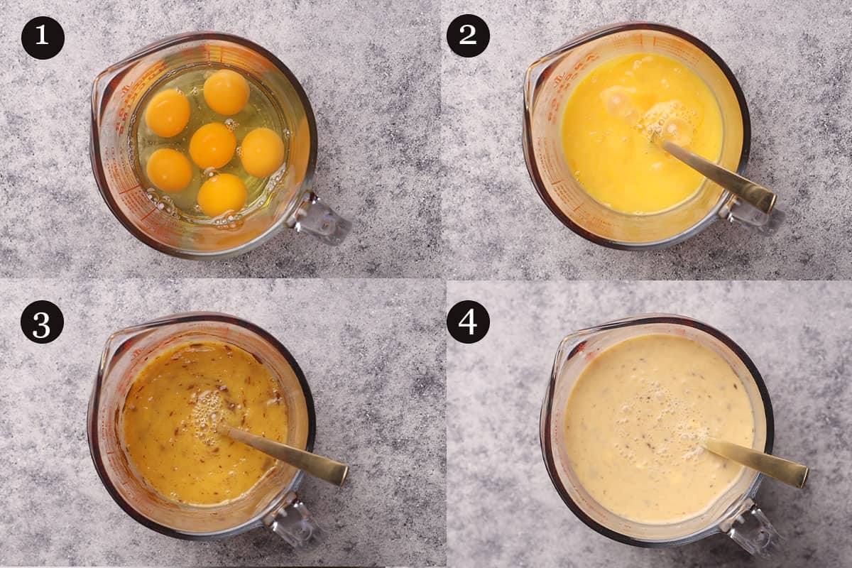 4 step collage on how to make a French toast casserole.