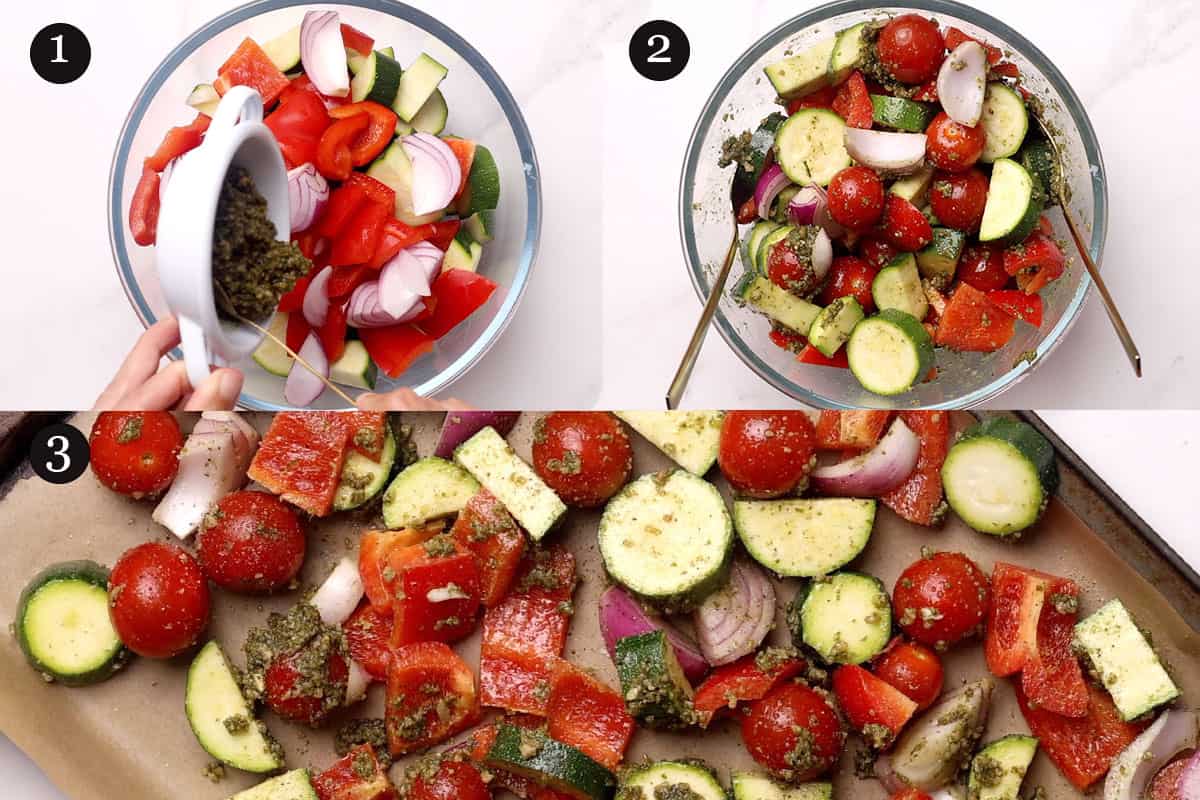 Process overview of creating pesto roasted vegetables.