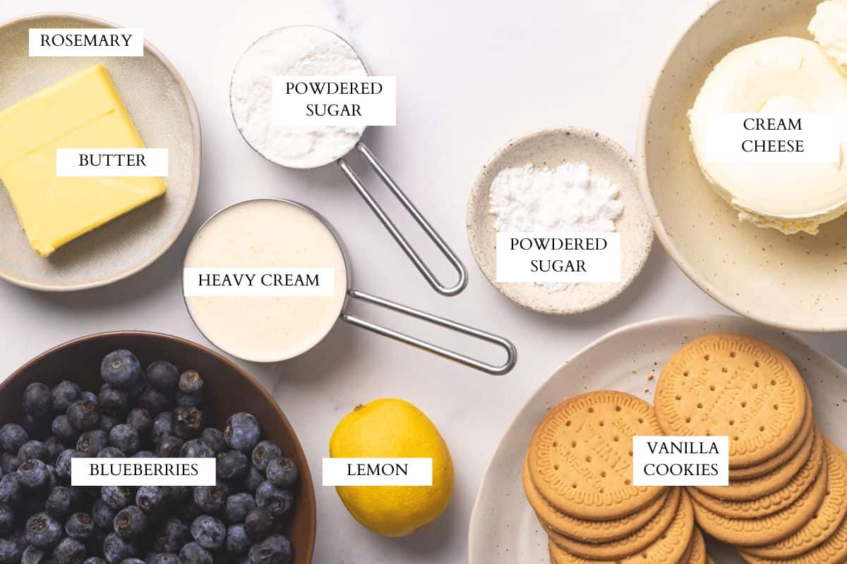 ingredients laid out to make blueberry torte.
