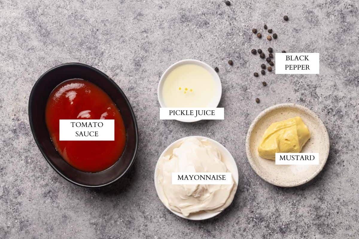 Ingredients laid out to make a cocktail sauce.