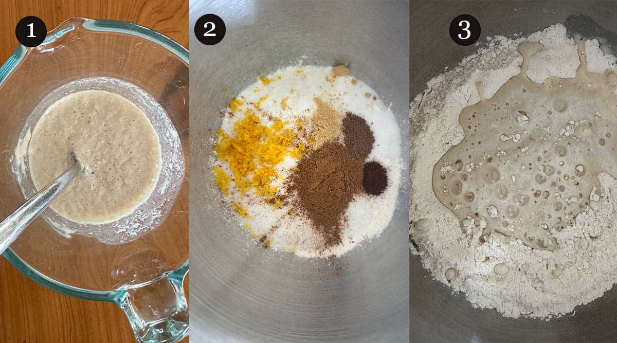 German Easter bread process overview, step 1-3.