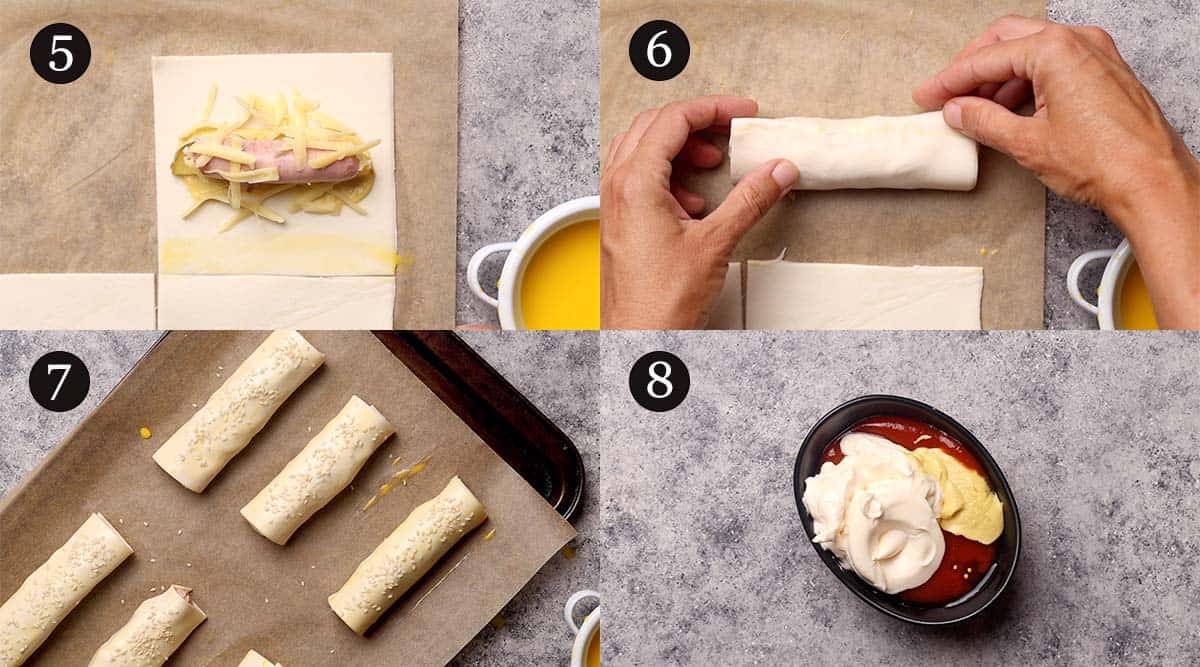 Process steps 5-8 for puff pastry hot dogs.