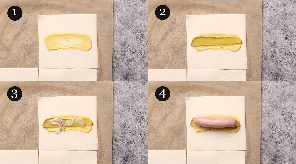 Process steps 1-4 for puff pastry hot dogs.
