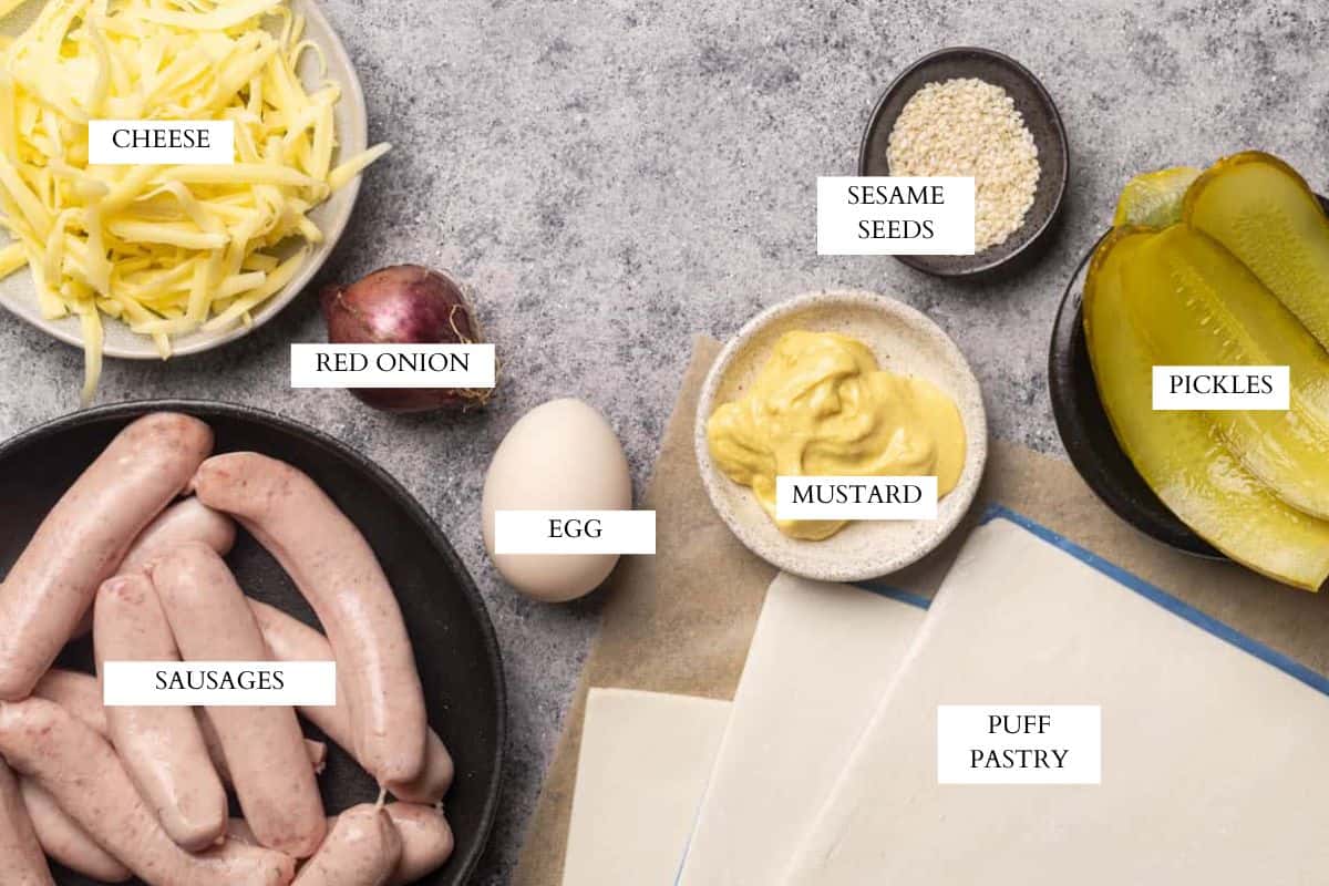 Ingredients laid out to make puff pastry hot dogs.