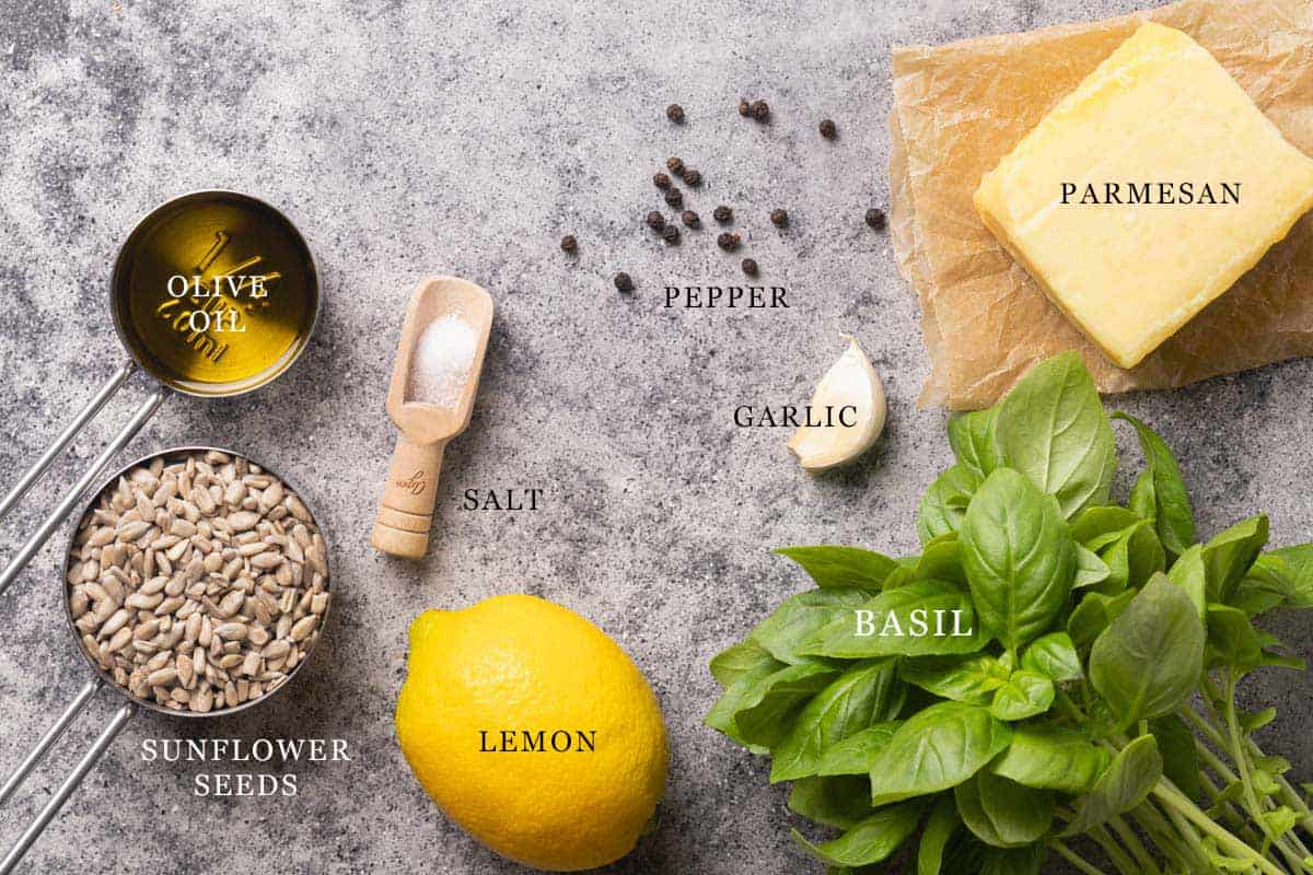 Ingredients needed to make sunflower seed pesto.