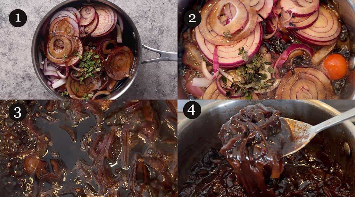 Steps 1-4 on how to make caramelized onion tomato jam.