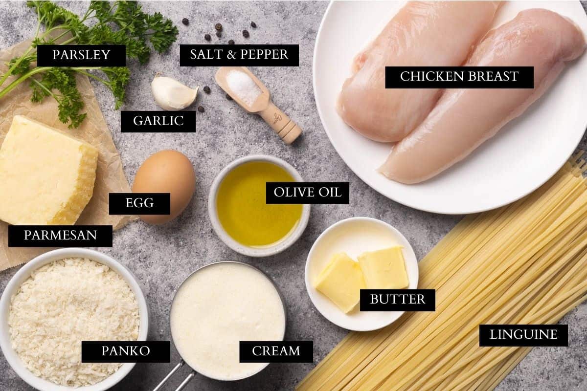 Ingredient overview for chicken alfredo with linguine.