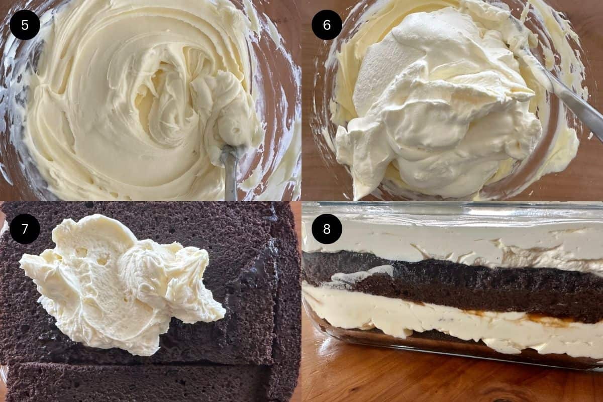Steps 5-8 to make chocolate tiramisu.