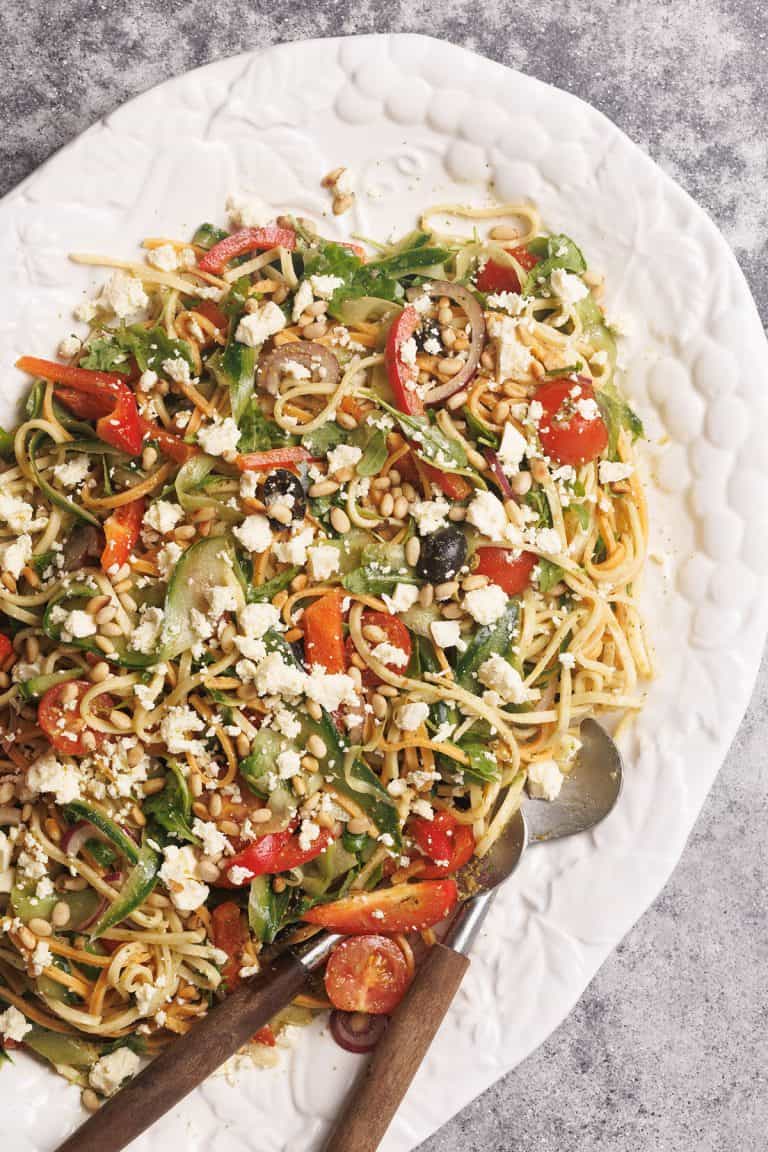 Linguine salad on a large white serving platter.
