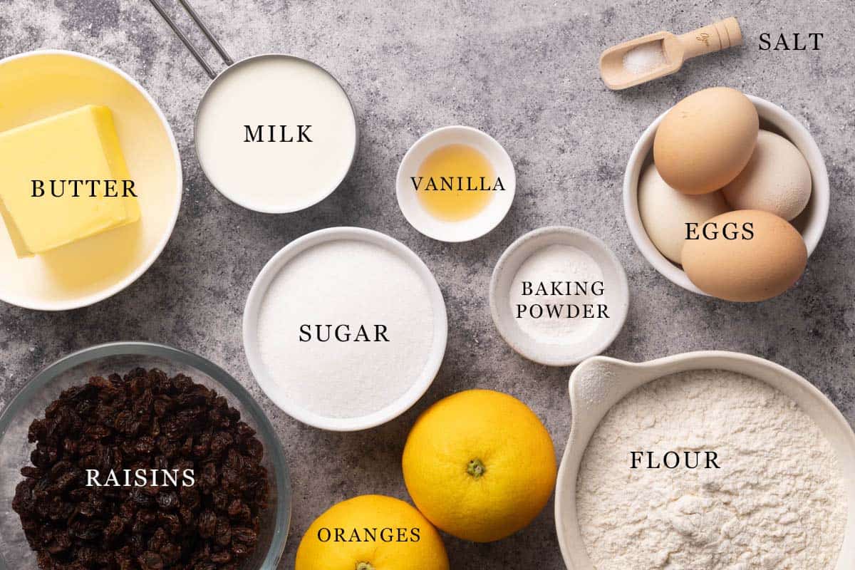 Ingredients needed to make the raisin cake.