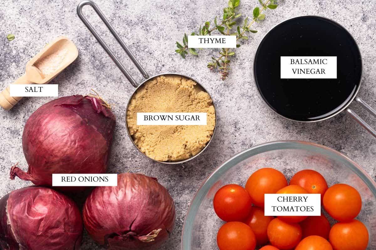 Ingredients laid out to make onion tomato jam.