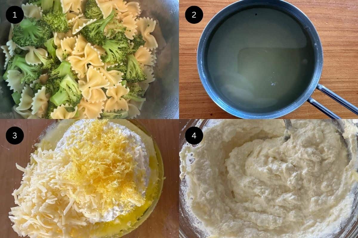 Steps 5-8 to make shrimp broccoli pasta.