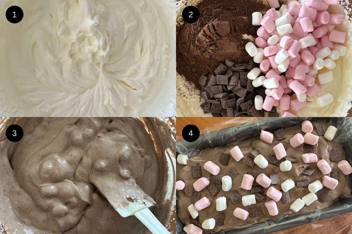 Steps 1-4 to make chocolate marshmallow ice cream.