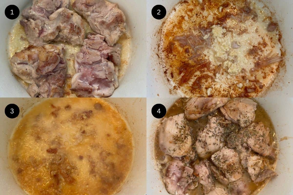 Steps 1-4 on how to cook chicken thighs.