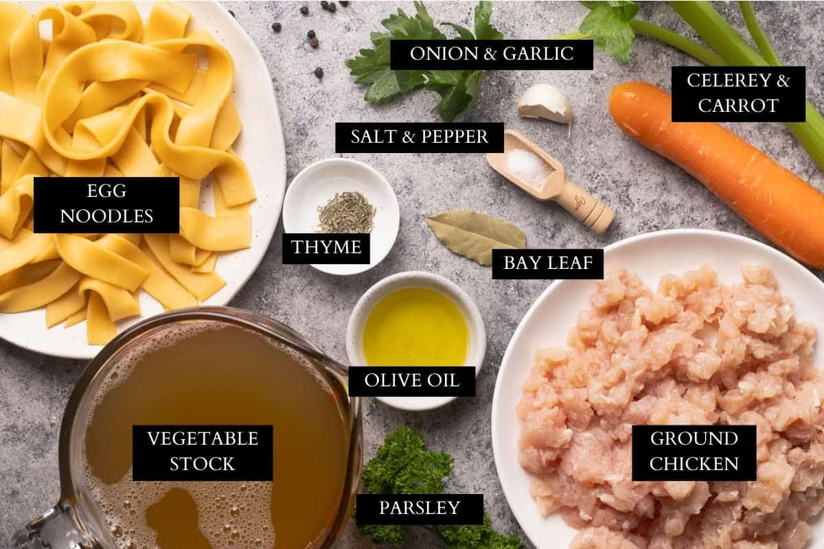 Ingredients needed on how to make chicken noodle soup.