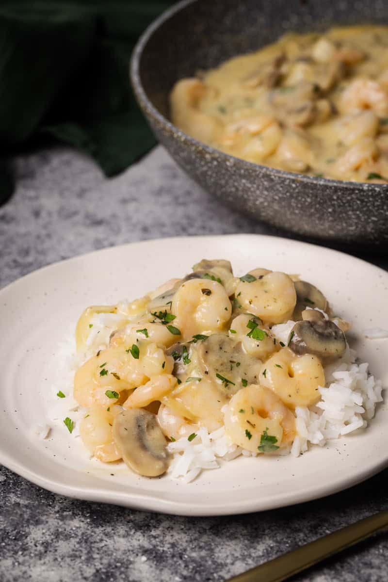 Shrimp stroganoff sauce over rice on a white plate.