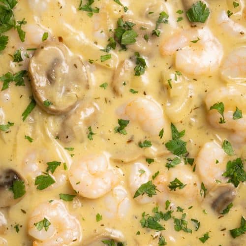Close up of a shrimp stroganoff sauce.