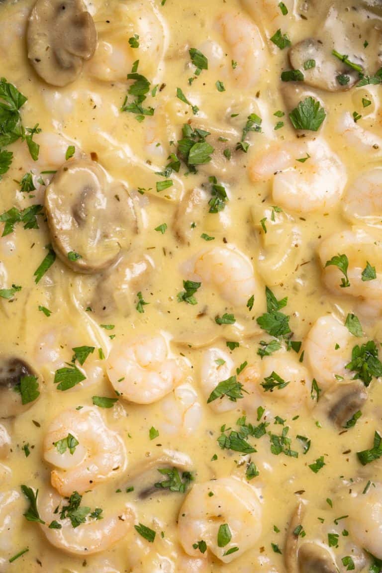 Close up of a shrimp stroganoff sauce.