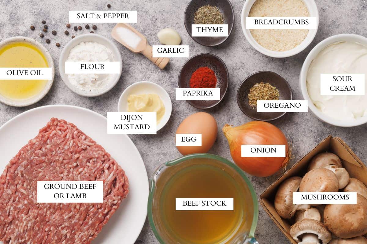 Ingredients laid out to make meatball stroganoff sauce.