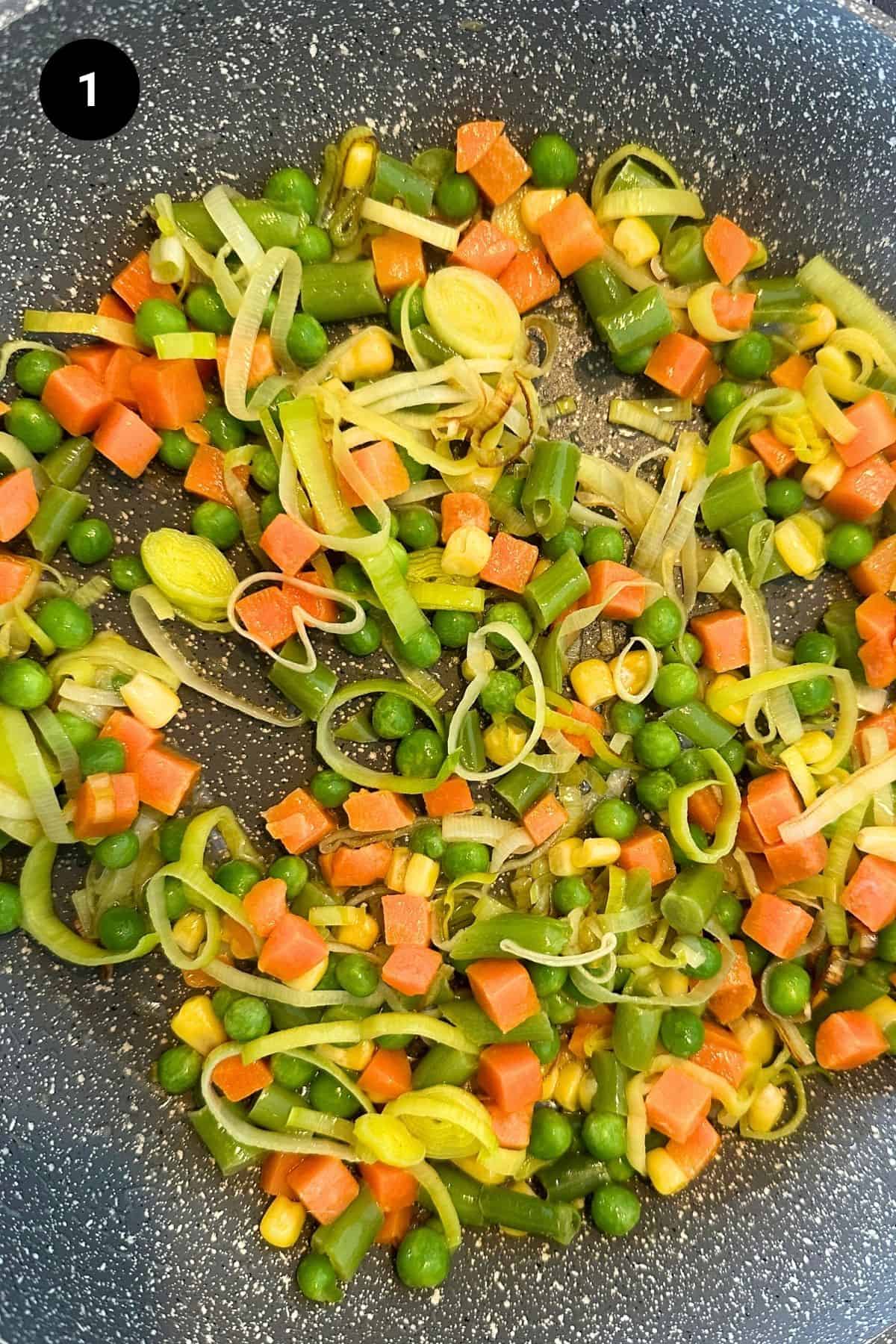 A pan filled with sautéd vegetables filling.