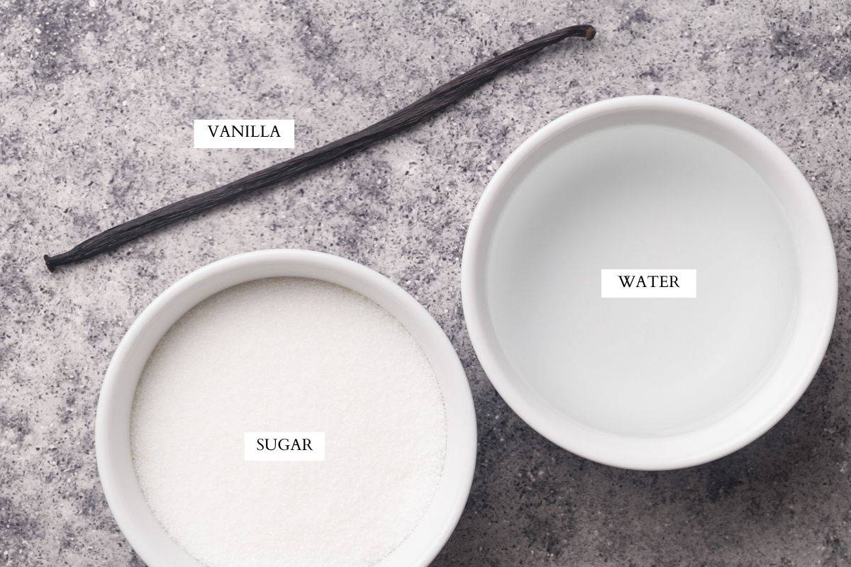 Ingredients laid out to make vanilla syrup.