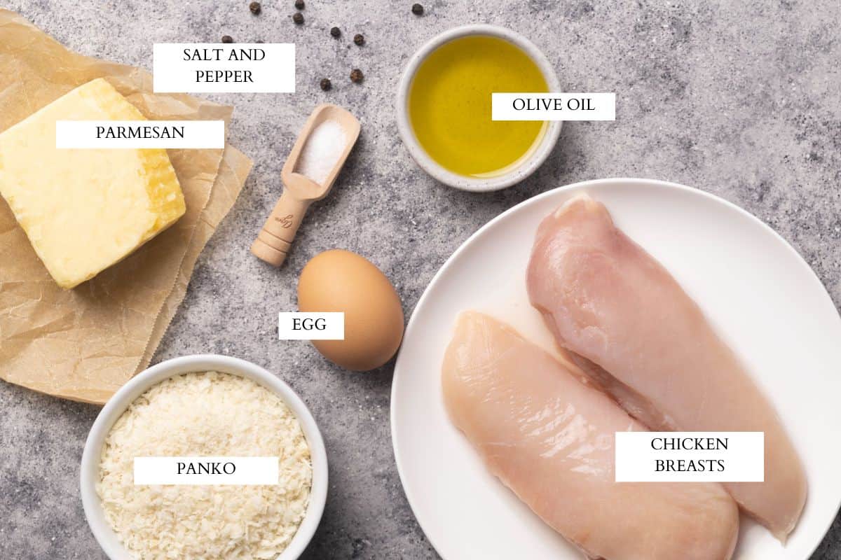 Ingredients laid out to make chicken cutlets.