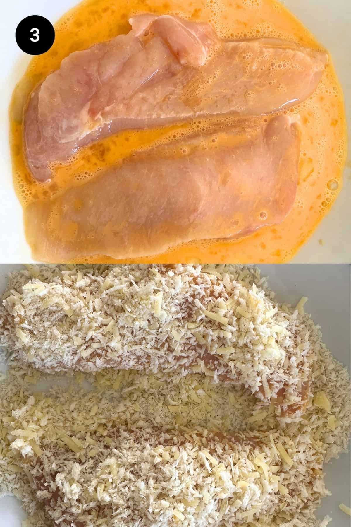 Chicken cutlets being breaded.