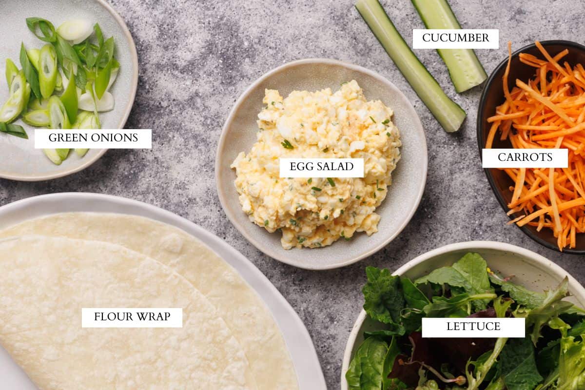 Ingredients laid out to make egg salad wraps.