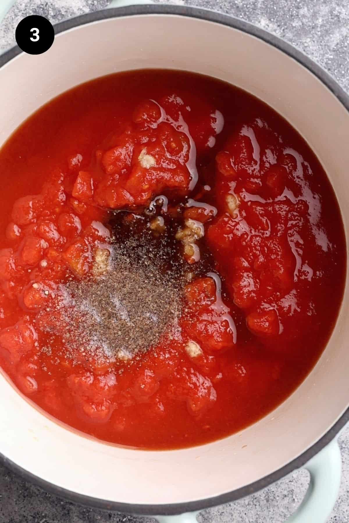 Sauce ingredients in a large Dutch oven.