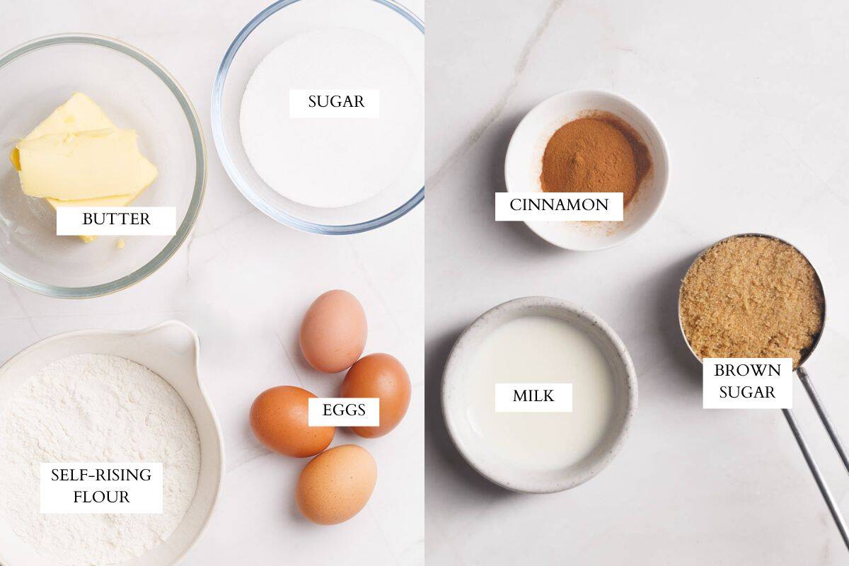 Ingredients laid out to make a classic cinnamon pound cake.