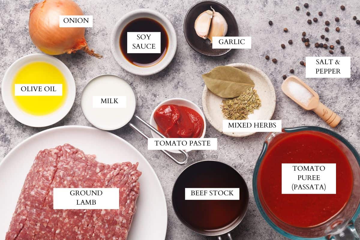 Ingredients laid out to make lamb bolognese.