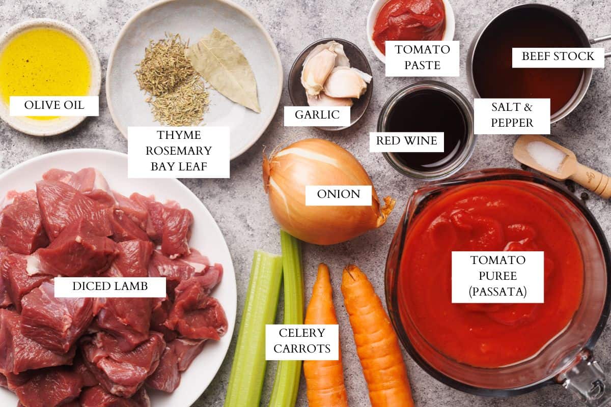 Ingredients laid out to make lamb ragu.