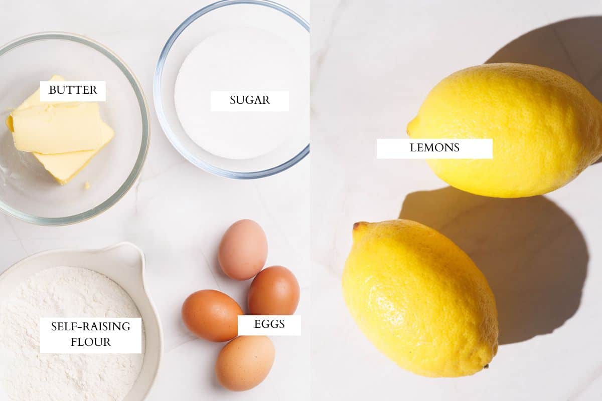Ingredients laid out to make a lemon pound cake.