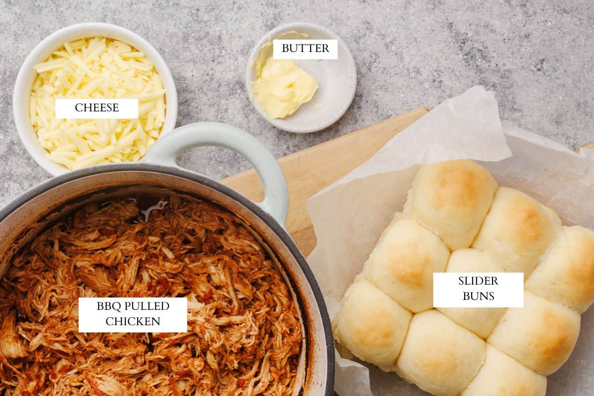 Ingredients laid out to make pulled chicken sliders.