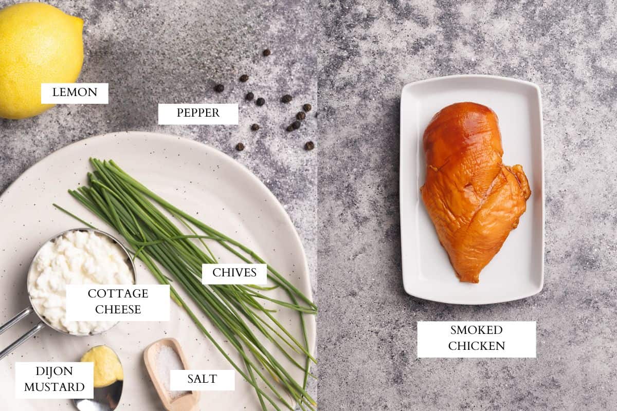 Ingredients laid out to make smoked chicken salad.