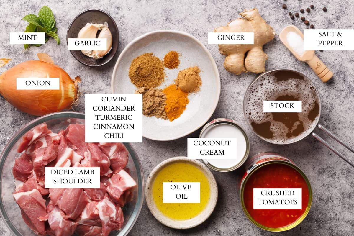Ingredients laid out to make lamb curry.