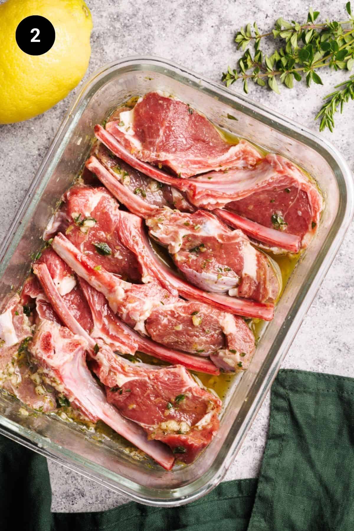 Lamb chops being marinated in a galls bowl.