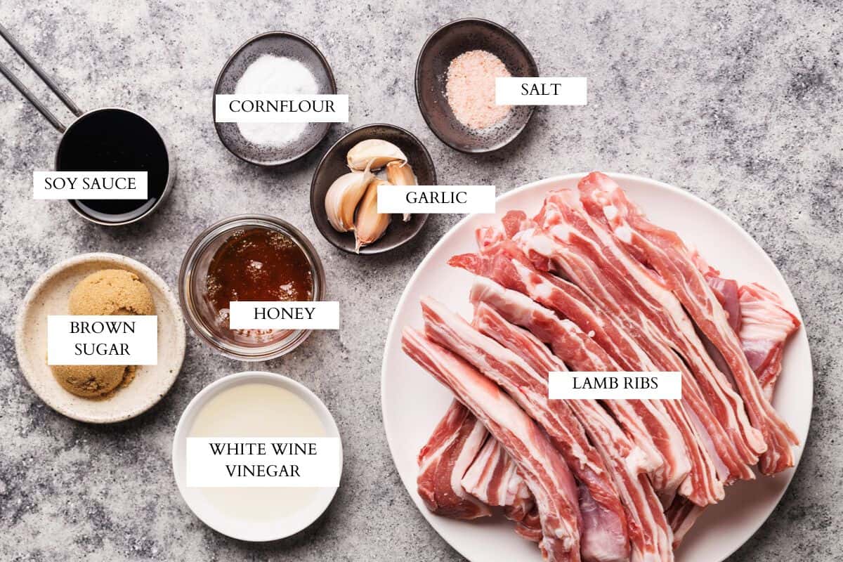 Ingredients laid out to make sticky and crunchy lamb ribs.