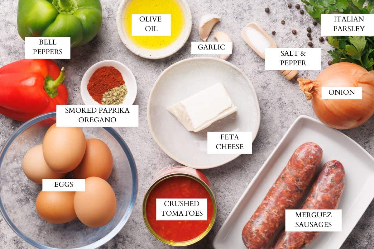 Ingredients laid out to make lamb shakshuka.